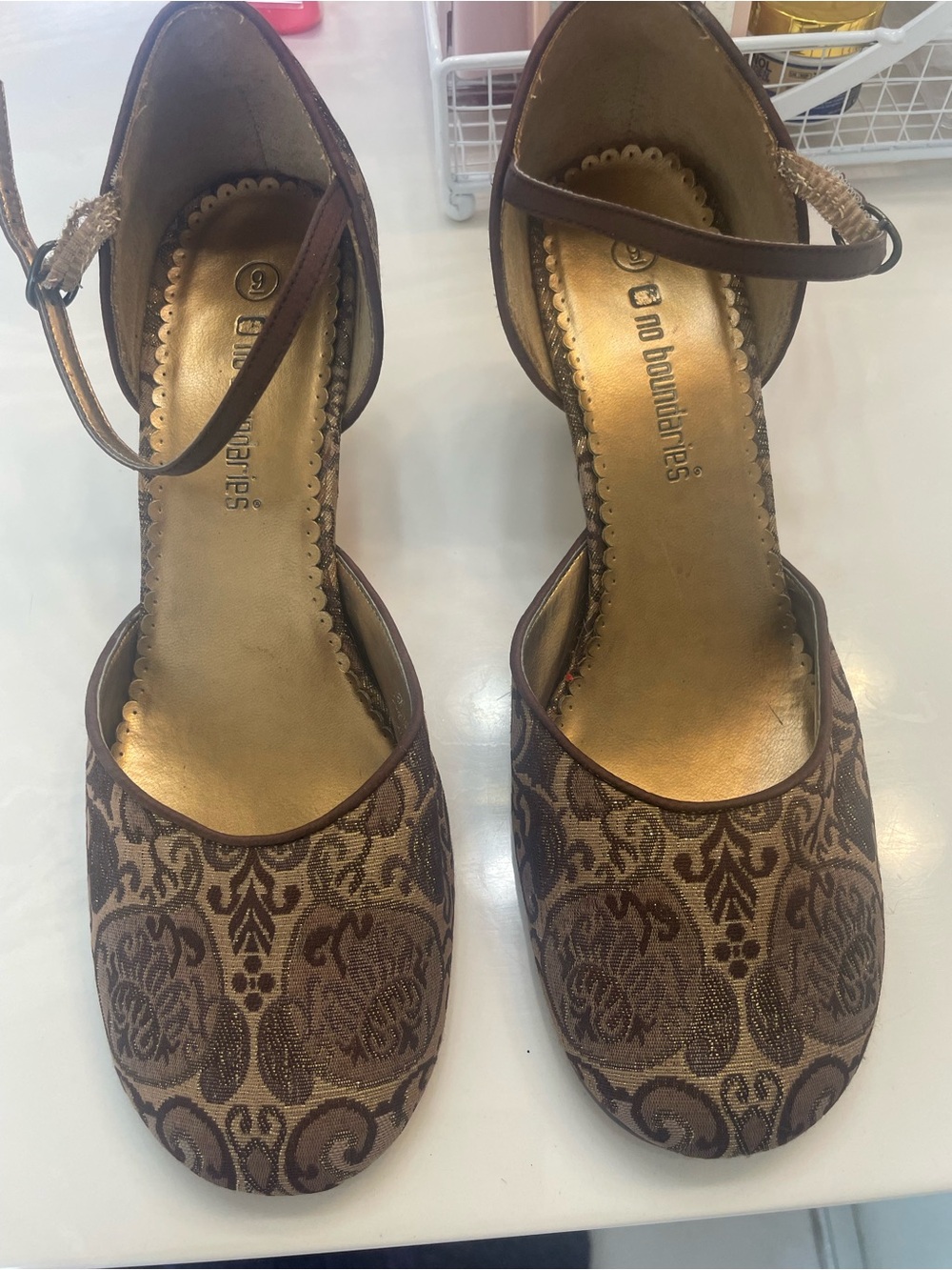 No Boundaries Brown Patterned Ankle-Strap Heels